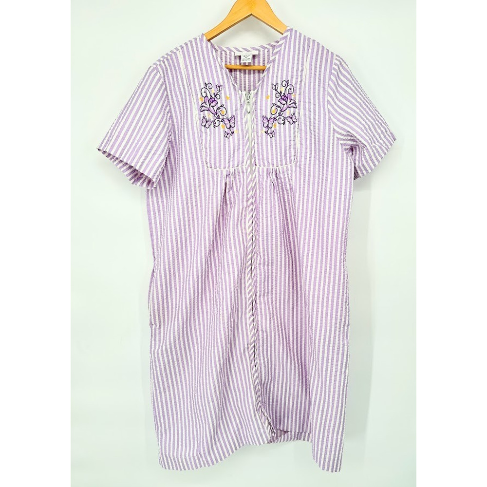 The Country Store Embroidered Zip XL Seersucker Robe Purple Striped House Dress